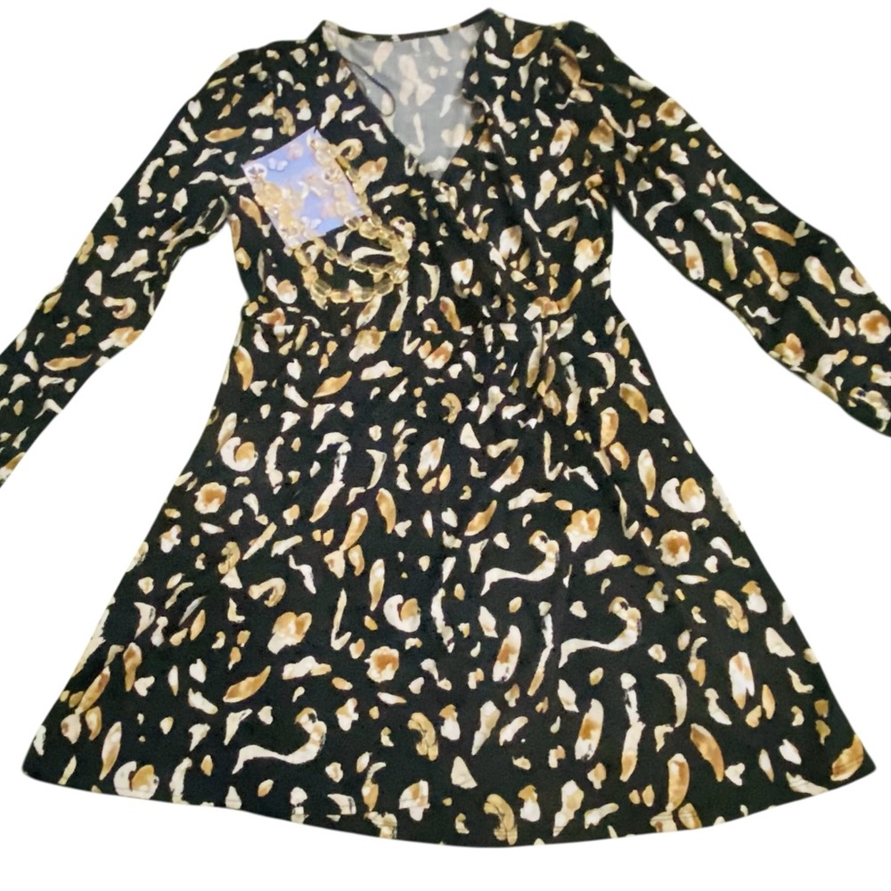 Black Animal Print Wrap Dress with Gold Accents Jewelry Bundle